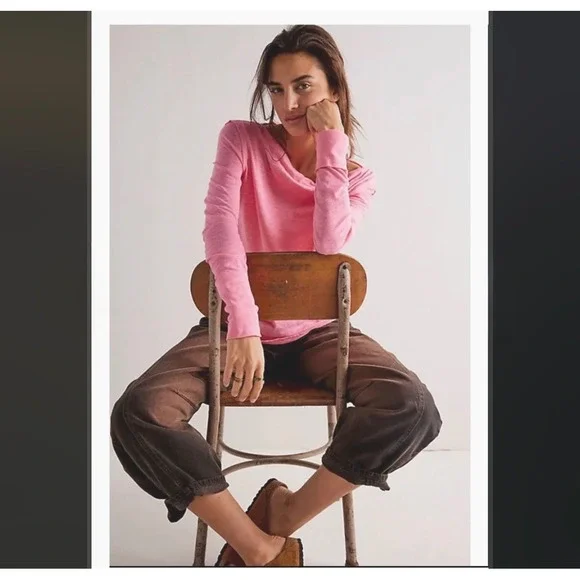 Free People Kimmi Long Sleeve Top Pink XL Soft  Relaxed NWT New - Picture 5 of 10
